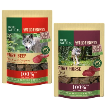 Wilderness Meat Snack Soft Pferd, Rind 2x150g Zwei Real Nature Wilderness Tierfutterverpackungen: 'Reines Rind' mit einem Wolfbild und Oregano, und 'Reines Pferd' mit einem anderen Wolf. 100% Fleischsnacks.