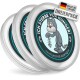 Cartoon-hafter grauer Hund, der ein Fischskelett hält, mit dem Text "ICH STERBE VOR HUNGER!" und "3er SET" auf einem Design für einen Haustiernapf.