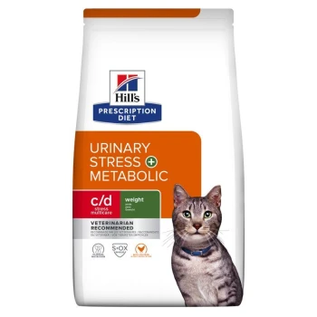 Prescription Diet c/d Multicare Stress + Metabolic 3 kg Hill's Prescription Diet Urinary Stress + Metabolic Katzenfutterbeutel mit einer grauen getigerten Katze auf der Vorderseite, beschriftet mit "Vom Tierarzt empfohlen."