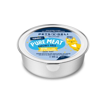Pets Deli Pure Meat Grobes Pâté Hühnerleber Nassfutter für erwachsene Katzen, 85g Dose mit gelber Katzenillustration.