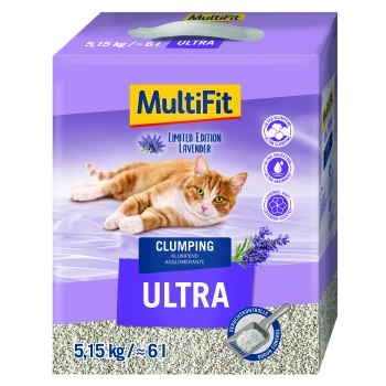 MultiFit ULTRA klumpende Katzenstreu, Limited Edition Lavendel; violette Schachtel mit liegender rotbrauner Katze — „5,15 kg / ≈ 6 l"