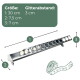 Metall-Vogelfutterspender mit mehreren Bechern und Maßpfeilen; grünes Etikett: 'Größe: 1: 30 cm 2: 7,5 cm 3: 7 cm' und 'Gitterabstand: 3 cm'.