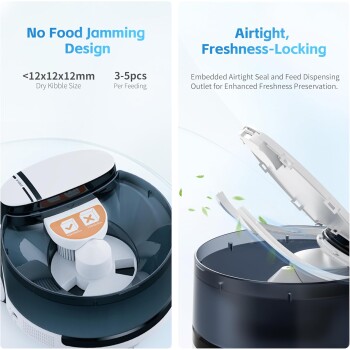 Bild eines Futterspenders für Haustiere mit einem Design, das ein Verstopfen des Futters verhindert, geeignet für Futtergrößen unter 12 mm, und einem luftdichten Verschluss für Frische.