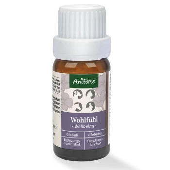 Flasche Aniforte Wohlfühl Wohlfühlkügelchen für Haustiere, mit einem braunen Glasdesign und einem weißen Deckel, mit Text auf Deutsch.