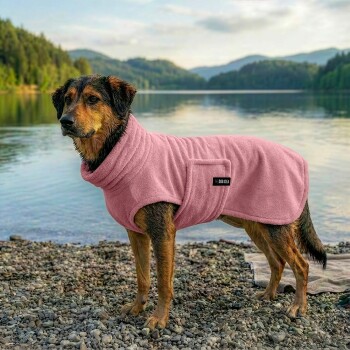 Nahaufnahme einer weichen rosa Haustierdecke mit einem silbernen Druckknopf, die ihre gemütliche Textur und sichere Befestigung hervorhebt.