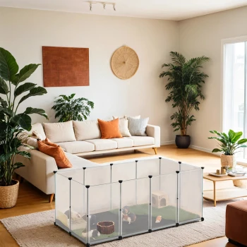 Ein gemütliches Wohnzimmer mit einem transparenten Haustier-Spielzaun mit kleinen Tieren darin, umgeben von einem beigen Sofa und Zimmerpflanzen.