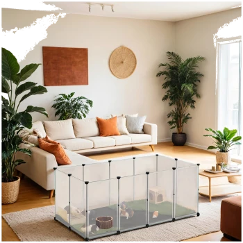 Ein gemütliches Wohnzimmer mit einem transparenten Haustier-Spielzaun mit kleinen Tieren darin, umgeben von einem beigen Sofa und Zimmerpflanzen.