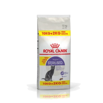 Royal Canin Regular Sterilised Katzenfutterbeutel, 12 kg, mit einer grauen Katzenillustration, mit '10KG + 2KG GRATIS' in Gelb hervorgehoben.