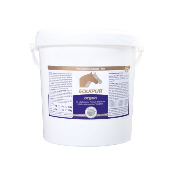 Weißer Eimer mit der Aufschrift "EQUIPUR organ" mit einem Pferdesilhouette, gefüllt mit hochwertigem Mineralfutter für erwachsene Pferde.