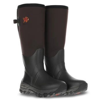 Paar schwarze und braune wasserdichte Jagdstiefel mit robuster Sohle und orangefarbenem Hundelogo an der Oberseite.