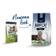Zwei Beutel von Happy Cat Haustierfutter: "weide lamm" und "Culinary 1+ Jahre", beide mit einer Katze und "Nouveau look" Text.