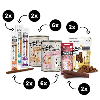 Lucky Jim Hundefutterauswahl – Dosen, Duo Stickies, Beutel und Trainingsleckerlis, mit schwarzen Kreis‑Symbolen, auf denen 2x und 6x steht.