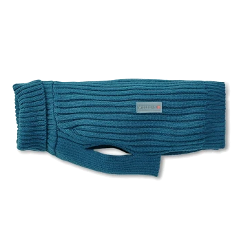 Türkisgrüner, gerippt gestrickter Hundepullover mit Beinöffnung und kleinem Label mit der Aufschrift 'WOLTERS'.