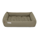 Ein plüschiges, rechteckiges Haustierbett in neutralem Taupe mit gepolstertem Bezug und kleinem "Doctor Bark"-Logo an der Seite.