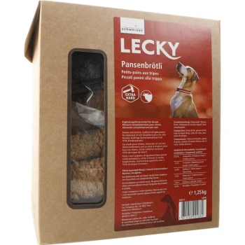 Emballage de friandises pour chiens "LECKY Pansenbrötli" avec une fenêtre, présentant "EXTRA DUR" et des informations nutritionnelles multilingues.