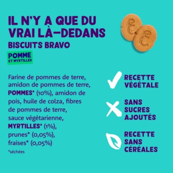 Emballage de biscuits Bravo pour la saveur pomme et myrtille, mettant en avant une recette végétale, sans sucre et sans céréales.
