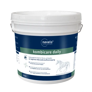 Weißer Eimer mit der Aufschrift "kombicare daily" von navalis nutraceuticals, entworfen für die tägliche Mikronährstoffversorgung für Pferde und Equiden.