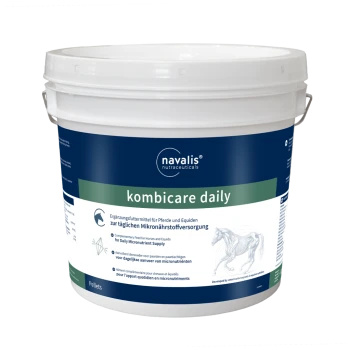 Weißer Eimer mit der Aufschrift "kombicare daily" von navalis nutraceuticals, entworfen für die tägliche Mikronährstoffversorgung für Pferde und Equiden.