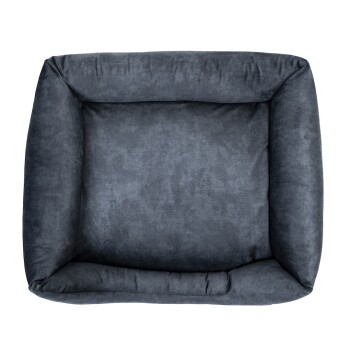 Grau Haustierbett mit einer weichen, plüschigen Textur und erhöhten Rändern, entworfen für Komfort und Unterstützung.