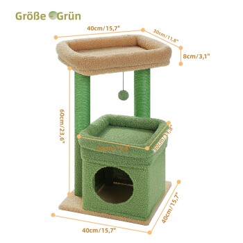 Grüner Katzenbaum mit einer oberen Plattform, Kratzsäulen und einem gemütlichen Versteck. Abmessungen: 60 cm Höhe, 40 cm Basis, 30 cm Plattformen.