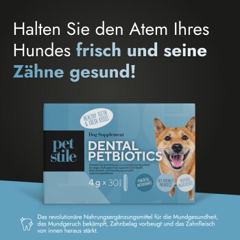 Petstile Dental Petbiotics Hundezusatzbox mit lächelndem Hund, bewirbt frischen Atem und gesunde Zähne im deutschen Text.