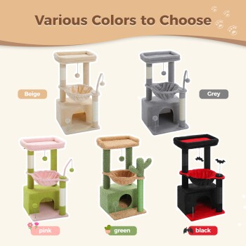 Bild von fünf bunten Katzenbäumen in Beige, Grau, Pink, Grün und Schwarz, mit gemütlichen Plattformen und hängenden Spielzeugen.