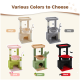 Bild von fünf bunten Katzenbäumen in Beige, Grau, Pink, Grün und Schwarz, mit gemütlichen Plattformen und hängenden Spielzeugen.
