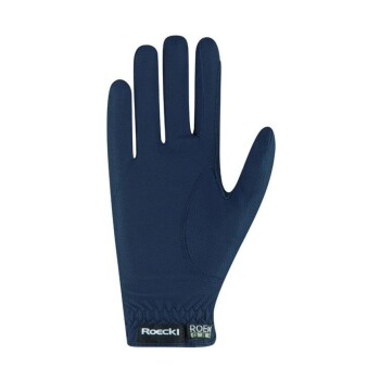 Marineblaue Haustierpflegehandschuh mit strukturiertem Handflächen- und Handgelenkband, beschriftet mit "Roecki."