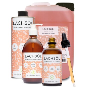 Lachsölprodukte in verschiedenen Behältern, gekennzeichnet mit "100% natürlich mit Omega 3", geeignet für Hunde aller Größen und Altersgruppen.