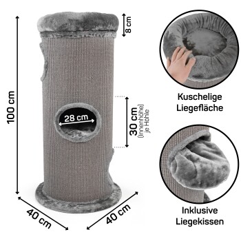 Grau Katzenbaum mit einem gemütlichen Schlafbereich, Abmessungen 100 cm Höhe, 40 cm Breite, mit einer Öffnung von 28 cm und weichen Kissen.
