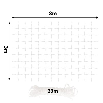 Weißes Haustiersicherheitsnetz mit den Maßen 8m x 3m, mit einer 23m langen Schnurrolle darunter zur Installation.