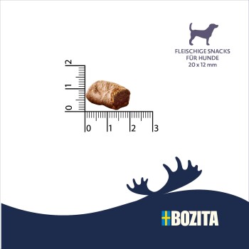 Brauner fleischiger Hundesnack auf Linealen, die etwa 2 cm anzeigen, sichtbarer Text 'FLEISCHIGE SNACKS FÜR HUNDE 20 x 12 mm' und BOZITA-Logo.