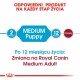 Obraz promujący karmę dla psów Royal Canin, z 'MEDIUM Puppy' dla 2 miesięcy i przejściem do 'Royal Canin Medium Adult' po 12 miesiącach.