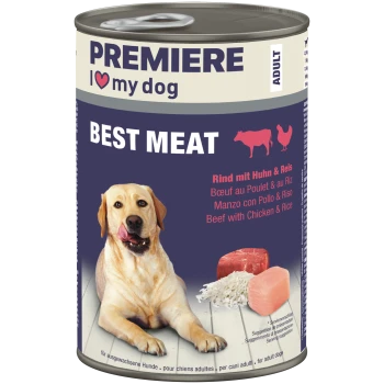Can of PREMIERE "I love my dog" BEST MEAT adult dog food — Beef with Chicken & Rice, dog and meat image.