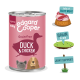 Blik Edgard Cooper graanvrij hondenvoer voor puppy's, met eend en kip, met illustraties van een eend en drie honden.