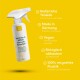 Umweltfreundlicher Geruchsabsorber-Spray auf gelbem Hintergrund, der Vorteile hervorhebt: natürlich, vegan, biologisch abbaubar, hergestellt in Deutschland, 100% recyceltes Plastik.