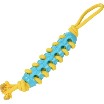 Blauw, structuurplastic kauwgoed met een geel gevlochten touw doorgetrokken, lusgreep en kwastje, hondenspeelgoed.