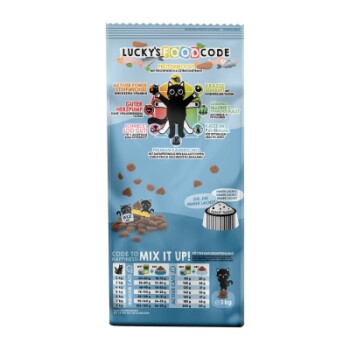 Een zak Lucky's Food Code huisdierenvoer met een cartoon kat, met de nadruk op "Actieve Kracht," "Gluten Vrij," en "Mix Het Op!" Voedingsinformatie inbegrepen.