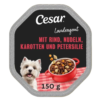 Cesar‑Etikett: weißer Westie und roter Topf mit Rindereintopf; sichtbarer Text „Mit Rind, Nudeln, Karotten und Petersilie“ und 150 g