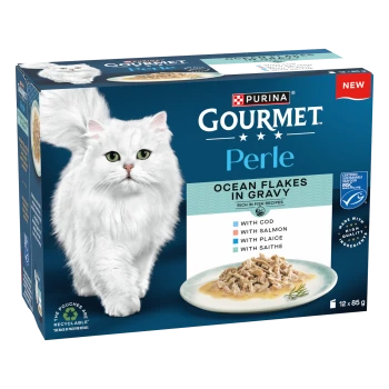 Box of Purina GOURMET Perle cat food, white long‑haired cat, label "Ocean Flakes in Gravy" and plate of fish flakes