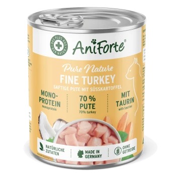 Dose AniForte Pure Nature Fine Turkey Haustierfutter, mit 70% Pute, Süßkartoffeln und Taurin; beschriftet mit "Mono-Protein" und "Made in Germany."