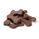 A pile of brown, bone-shaped dog treats stacked on a white background.