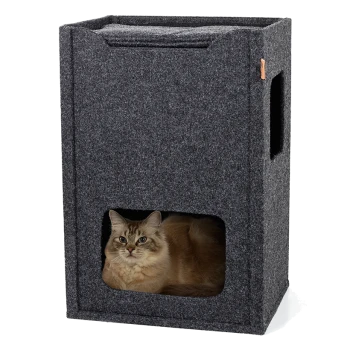Eine flauschige beige Katze schaut aus einem gemütlichen, dunkelgrauen Filz-Katzenhaus mit quadratischem Eingang und seitlichen Griffen heraus.