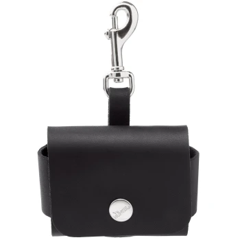 Schwarzer Leder-Haustierkotbeutelhalter mit einem silbernen Clip und Druckknopf, entworfen für bequemes Gassigehen.