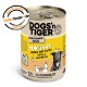 Dosenfutter für Hunde mit der Aufschrift 'DOGS'n TIGER' in gelbem Design, das 'PROVIANT Huhn mit Ente, Apfel & Kartoffel' angibt, mit 63% Huhn und Ente.