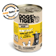 Dosenfutter für Hunde mit der Aufschrift 'DOGS'n TIGER' in gelbem Design, das 'PROVIANT Huhn mit Ente, Apfel & Kartoffel' angibt, mit 63% Huhn und Ente.