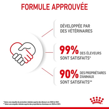 Image promouvant la nourriture pour animaux avec une icône de poignée de main et du texte : "Formule approuvée," "Développé par des vétérinaires," "99% de satisfaction des éleveurs," "90% de satisfaction des propriétaires."