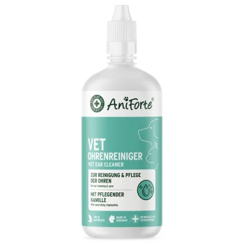 VET Ohrenreiniger Kamille 250ml AniForte Vet Ohrenreiniger Flasche mit einem türkisfarbenen Etikett, weißem Text und Kamille, beschriftet mit "Vet Ohrenreiniger" für die Ohrenpflege.