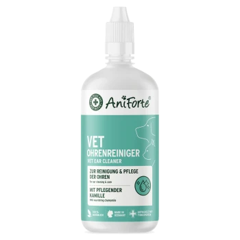 AniForte Vet Ohrenreiniger Flasche mit einem türkisfarbenen Etikett, weißem Text und Kamille, beschriftet mit "Vet Ohrenreiniger" für die Ohrenpflege.