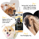 Eine Flasche Bugalugs Mango & Banana Shampoo mit Anwendungshinweisen, umgeben von Bildern von Hunden, die gebadet werden.